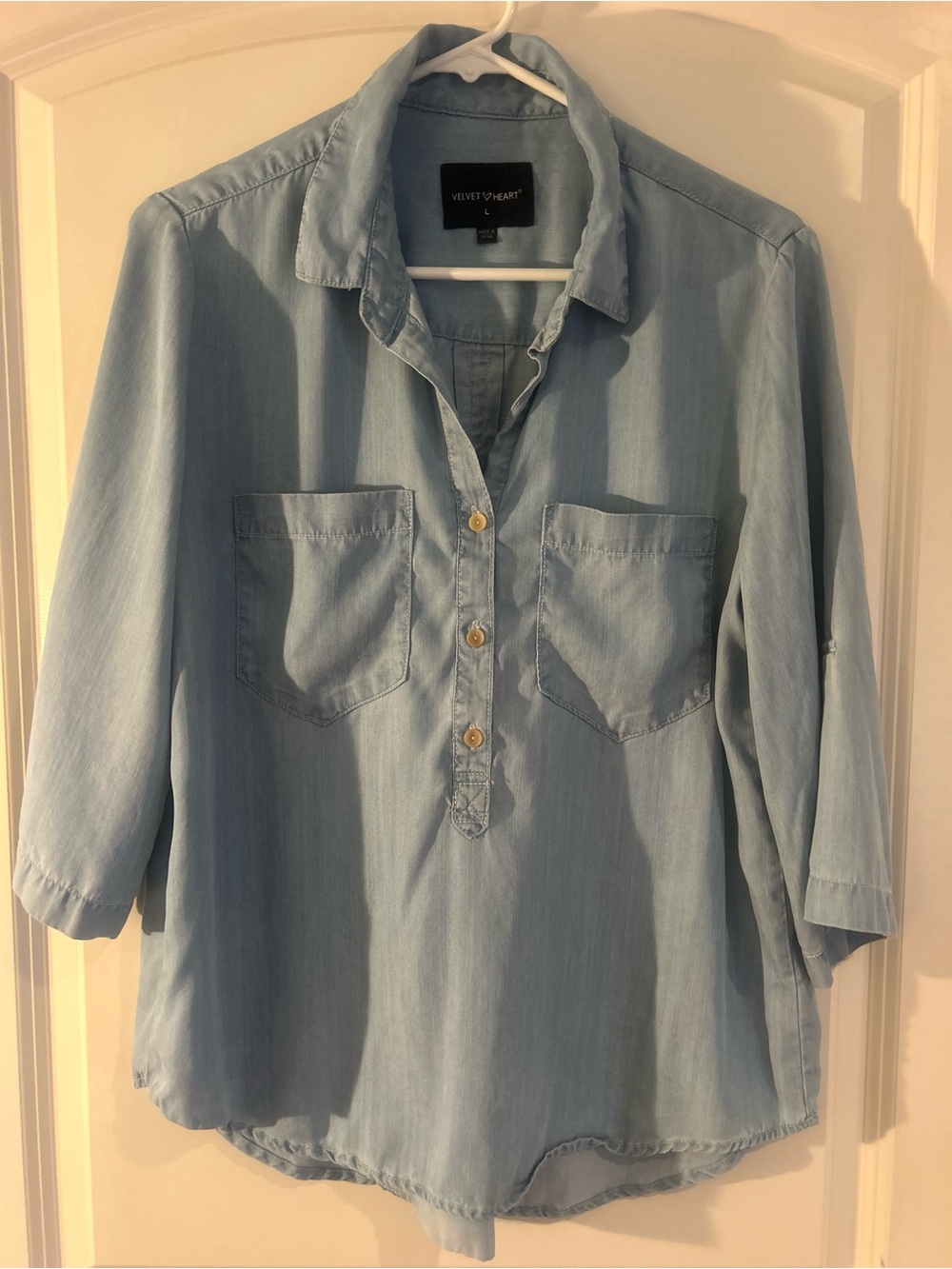 Velvet Heart Pale Blue Denim-Style Casual Button-Front Shirt